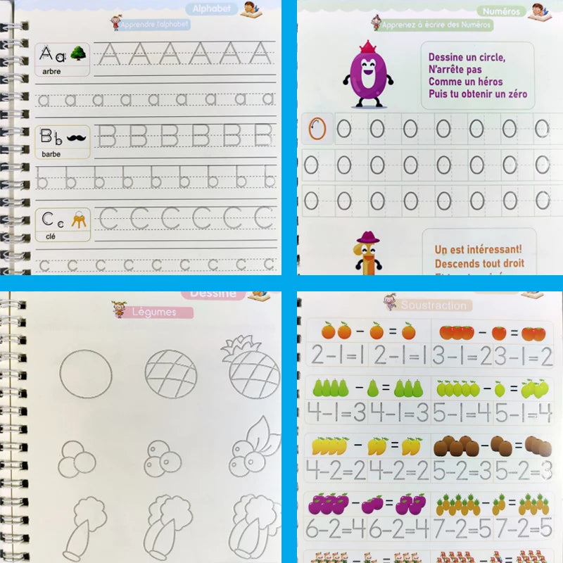 4Pcs French Magic Practice Copybook Pen Preschools Kids Calligraphy Notebook Children Reusable Français Writing Book Age 3-8