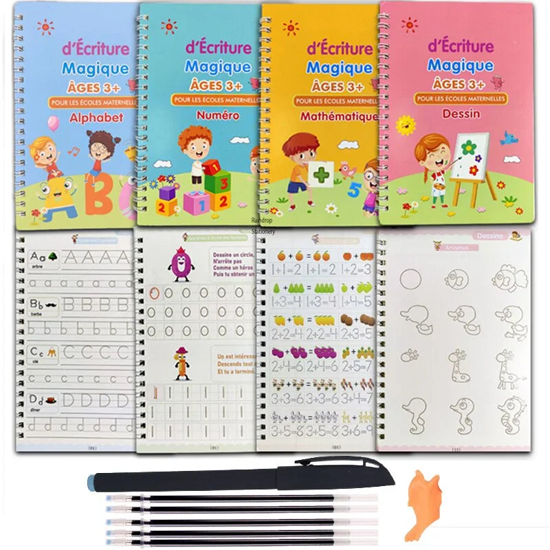 4Pcs French Magic Practice Copybook Pen Preschools Kids Calligraphy Notebook Children Reusable Français Writing Book Age 3-8